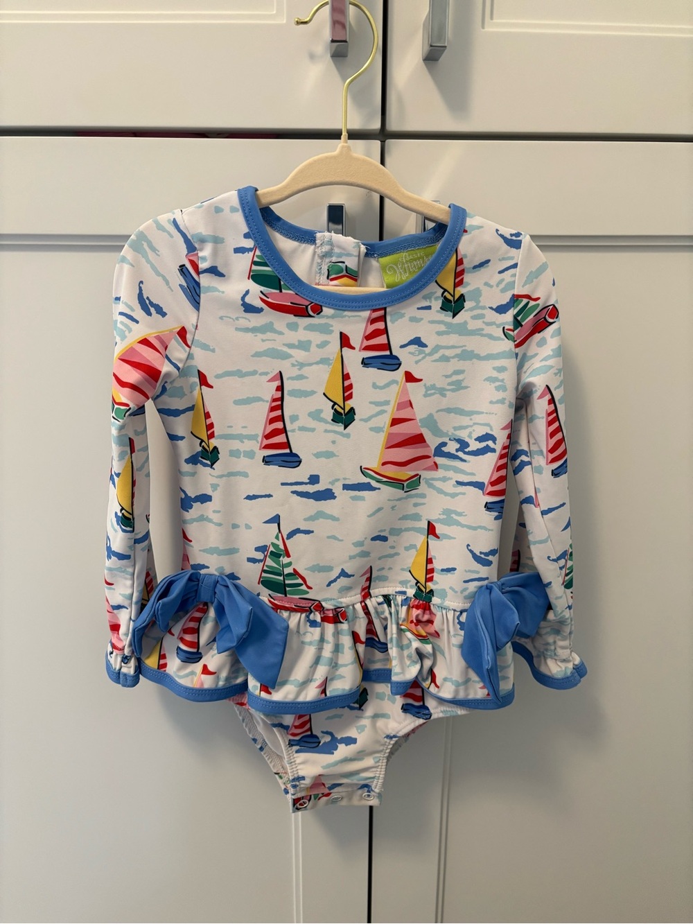 Long-Sleeve Sailboat One-Piece Swimsuit for Kids - White with Blue Trim